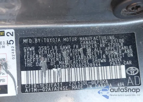 2006 Toyota Corolla Ce из США, поврежденный, VIN 2T1BR32E66C628944